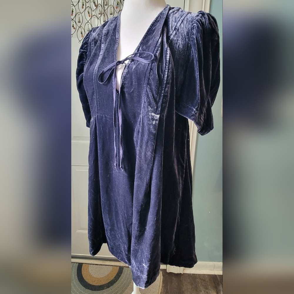 Free People Adelle Velvet Tunic Micro Dress Womens XS Indigo Puff Short Sleeve B